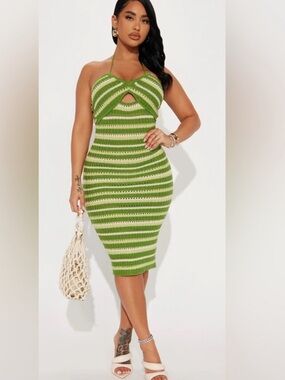 Sincerly Jules Green and Cream Striped Halter Knit Midi Dress